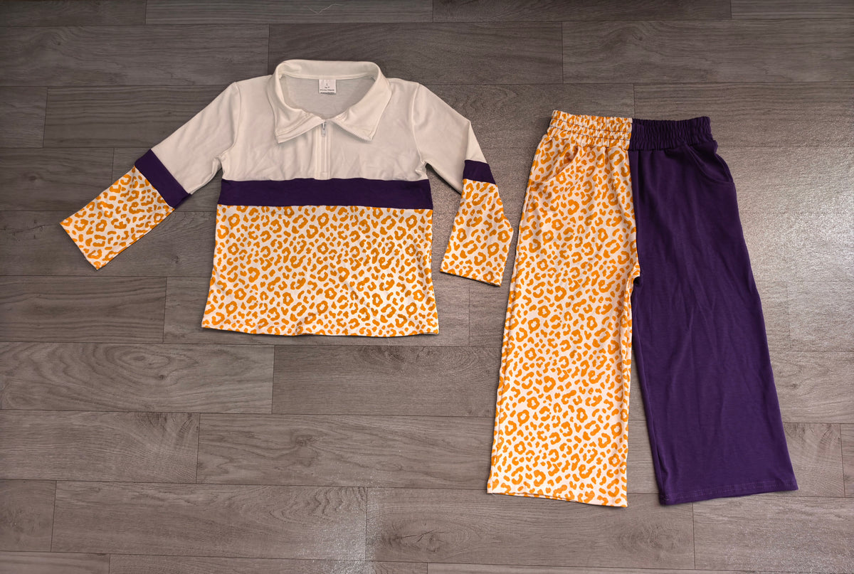 7.29  Preorder  Kids Girls  Yellow Leoaprd Pullover Top with Patch Pants Outfit