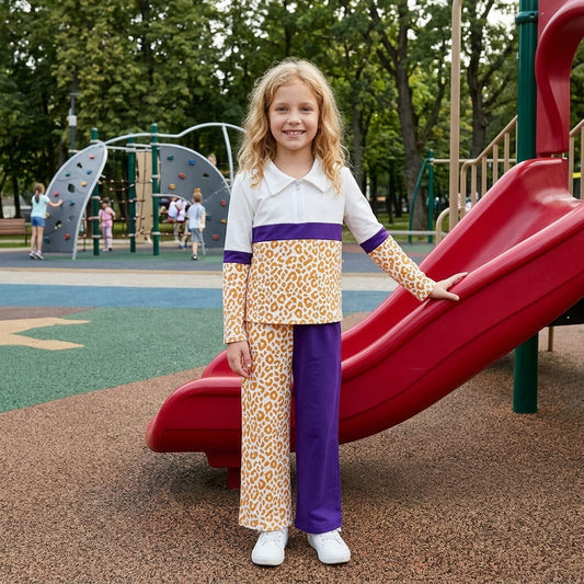 GLP3580 Teams Leopard Zipper Pullover Top Pockets Split Pants Girls Clothes Set