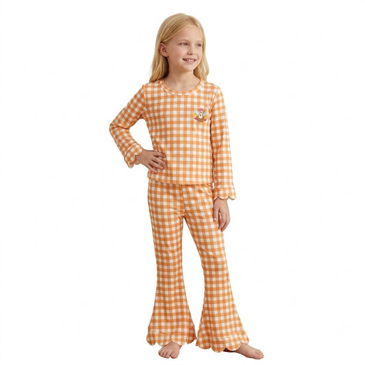 GLP3588 Turkey Embroidery Orange Checkered Print Girls Thanksgiving Scallop Clothes Set