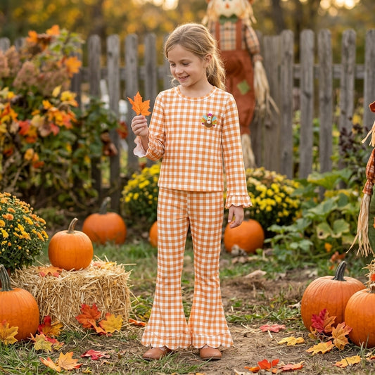 GLP3588 Turkey Embroidery Orange Checkered Print Girls Thanksgiving Scallop Clothes Set