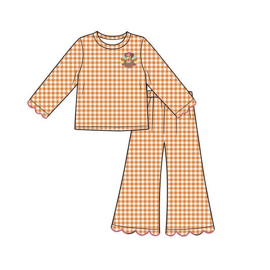 7.31  Preorder Kds Girls Turkey Orange Gingham Scalloped Pants Outfit