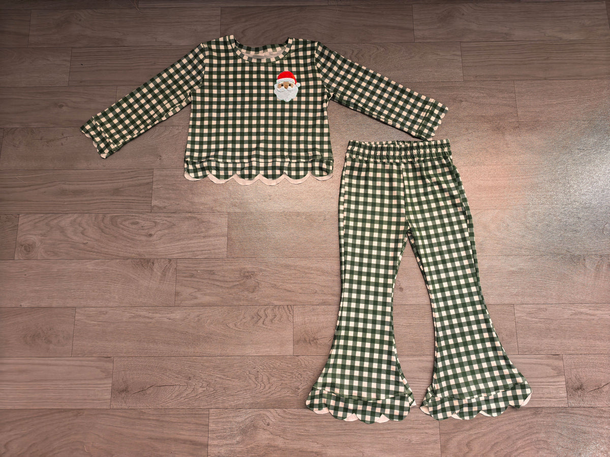 7.31  Preorder Kds Girls Christmas Santa Green Gingham Scalloped Pants Outfit