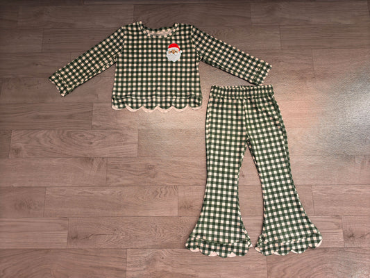7.31  Preorder Kds Girls Christmas Santa Green Gingham Scalloped Pants Outfit