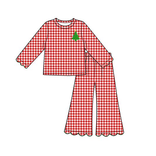 7.31  Preorder Kds Girls Christmas Tree Red Gingham Scalloped Pants Outfit