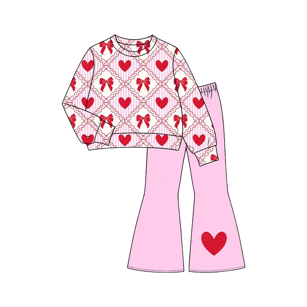 8.1 Preorder  Kids Girls Valentine's Day Red Bow Long Sleeve Top with Pink Bell Bottom Pants Set