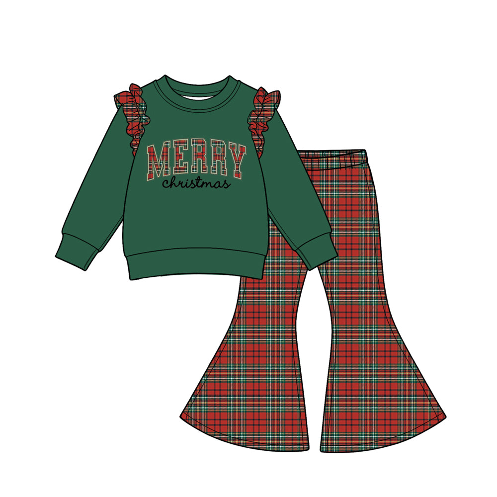 8.1 Preorder  Kids Girls Merry Christmas Green Top with Plaid Bell Bottom Pants Outfit
