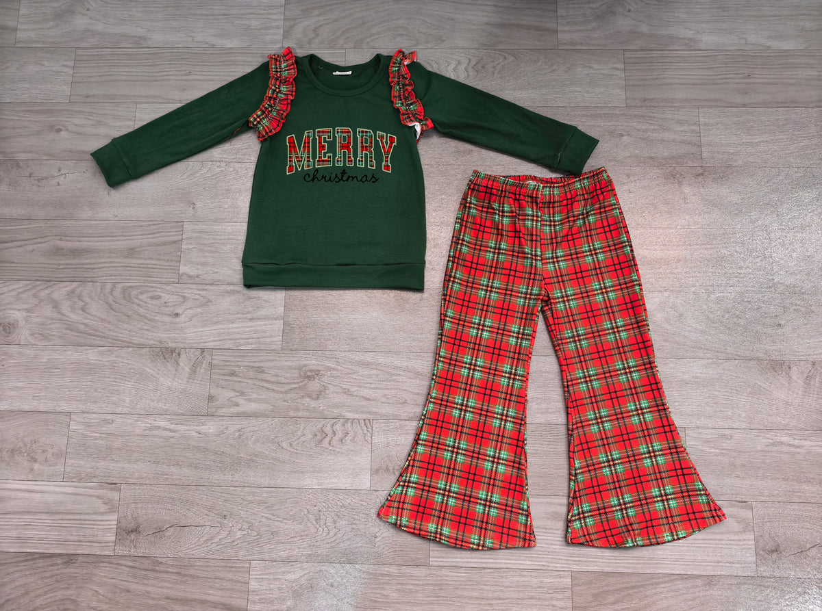 8.1 Preorder  Kids Girls Merry Christmas Green Top with Plaid Bell Bottom Pants Outfit