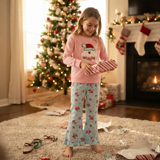 GLP3596 HOHOHO Santa Embroidery Pink Top Flowers Bell Pants Girls Christmas Clothes Set