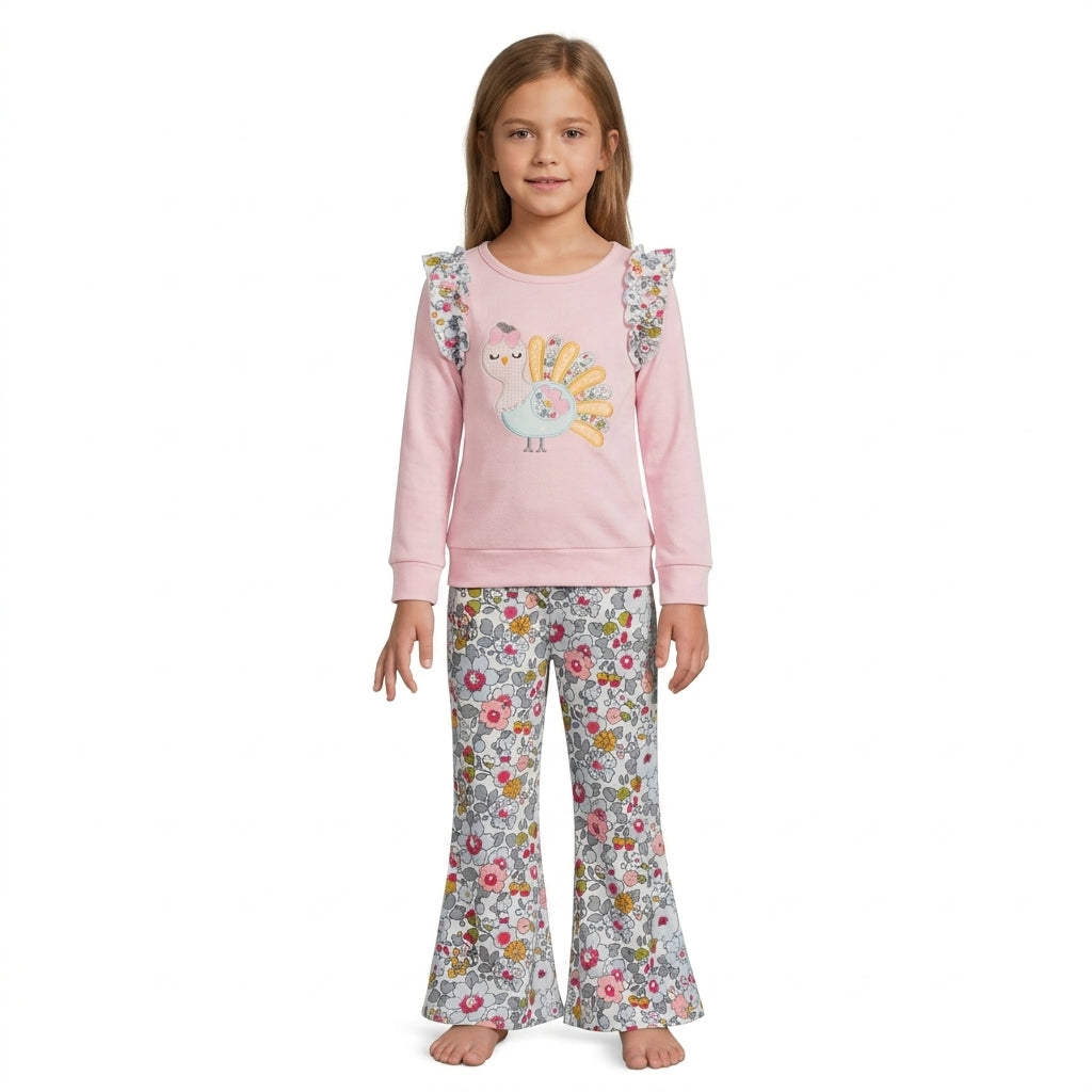 GLP3597 Turkey Embroidery Pink Top Floral Bell Bottom Pants Girls Thanksgiving Outfit