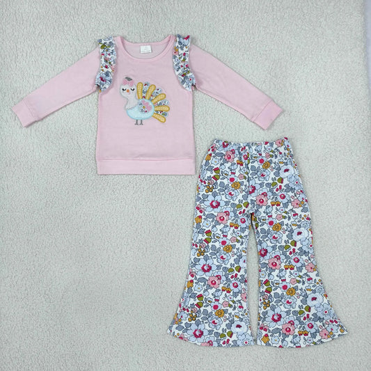 Sibling  Baby Girls Embroidery Turkey Long Sleeve Top Falre Pants Outfit