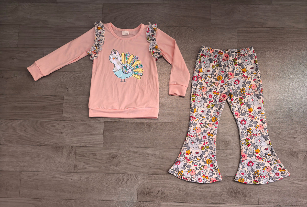 8.1 Preorder  Kids Girls Thankgiving Turkey Floral Bell Bottom Pants Outfit