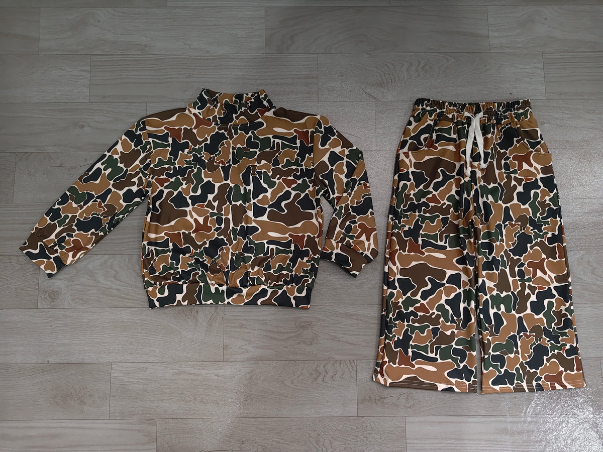 8.1 GLP3601 Preorder Brown Camo Print Long Sleeve Top Pockets Pants Girls Yoga Clothes Set