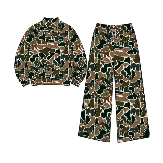 8.1 GLP3606 Preorder Adult Brown Camo Print Long Sleeve Top Pockets Pants Woman Yoga Clothes Set