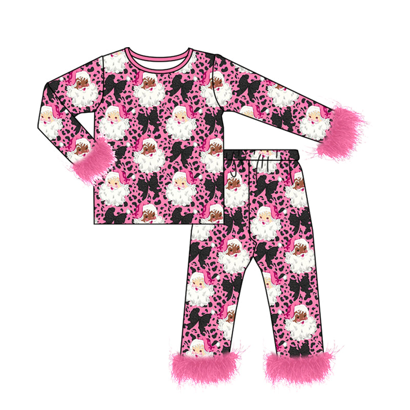 8.3 Preorder Kids Girls Pink Leopard Santa Christmas Pajama Set With Feather