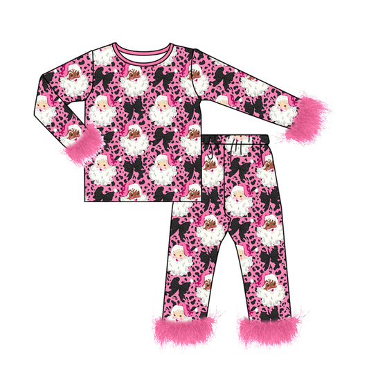 8.3 Preorder Kids Girls Pink Leopard Santa Christmas Pajama Set With Feather