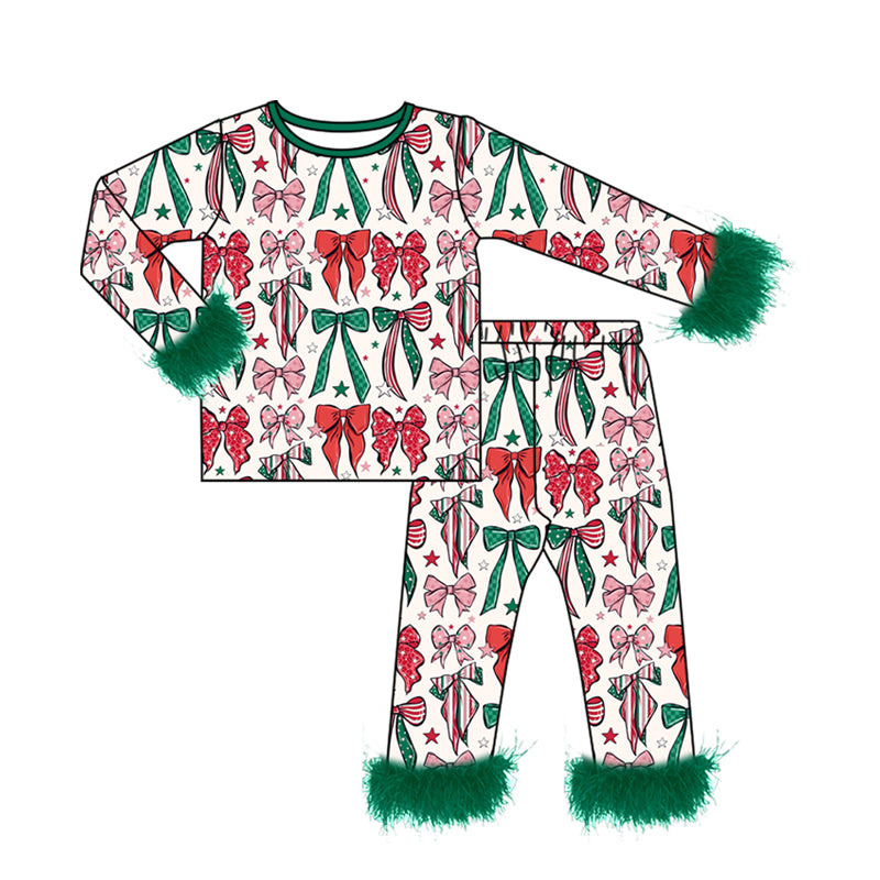 8.3 Preorder Kids Girls Christmas Bow Long Sleeve Pajama Set With Feather