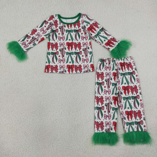 GLP3611 Red Green Bows Print Girls Christmas Fur Pajamas Clothes Set