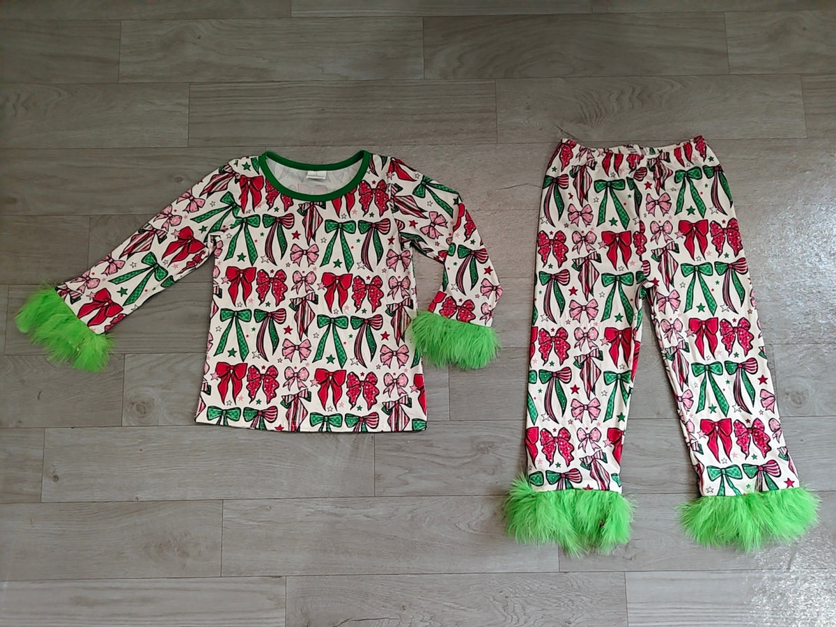 8.3 Preorder Kids Girls Christmas Bow Long Sleeve Pajama Set With Feather