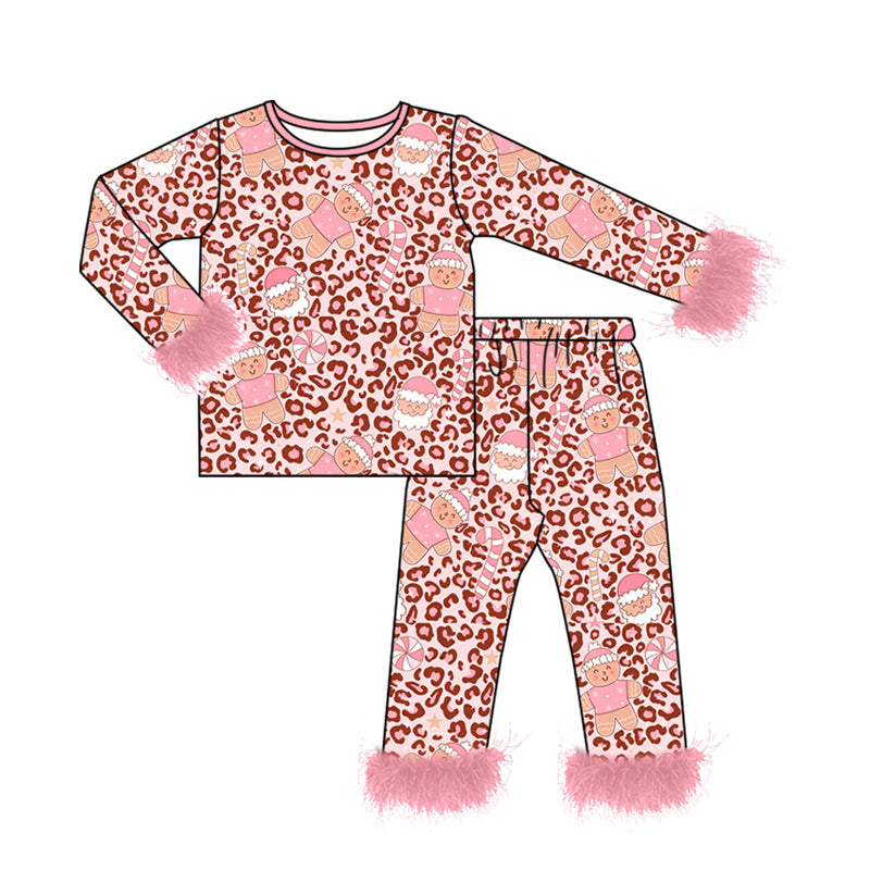 8.3 Preorder Kids Girls Pink Leopard Gingerbread Santa Christmas Long Sleeve Pajama Set With Feather