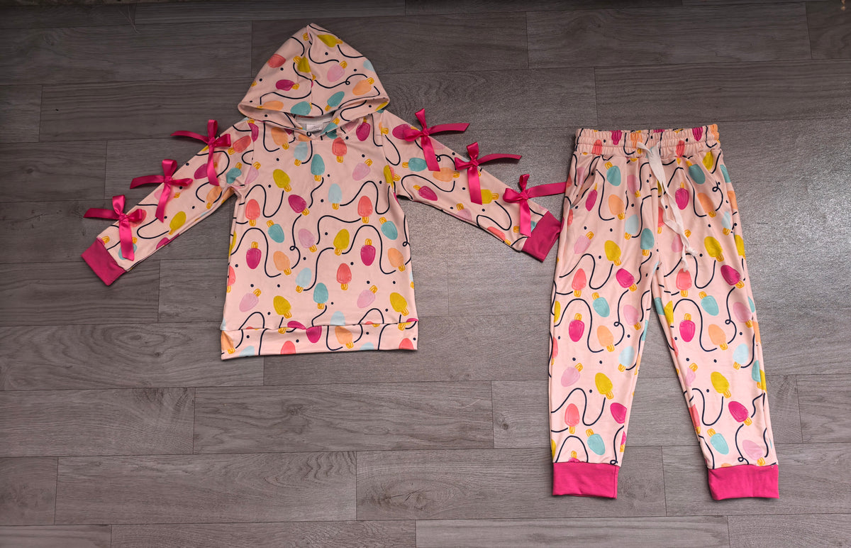 8.3 Preorder Kids Girls Christmas Light Hoodie Top with Jogger Set With Bow