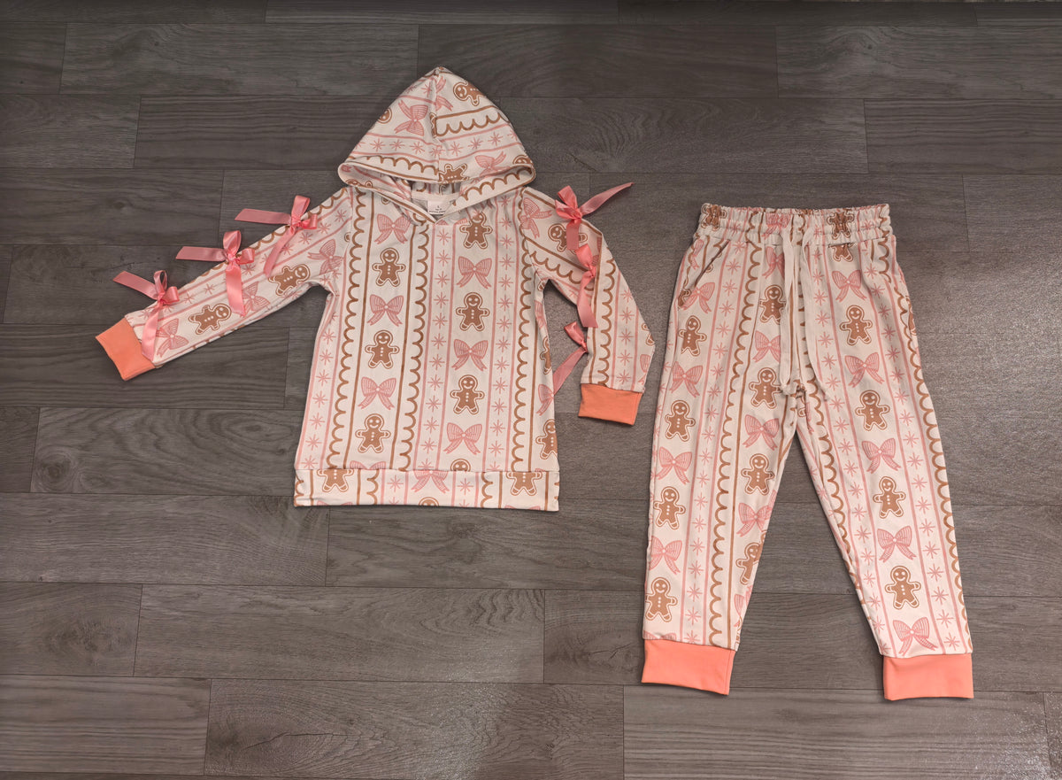 8.3 Preorder Kids Girls Christmas  Gingerbread Bow Hoodie Top with Jogger Set With Bow