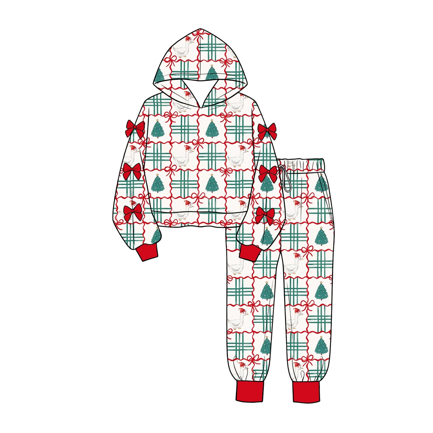 8.3 Preorder Kids Girls Christmas Tree Goose Hoodie Top with Jogger Set With Bow