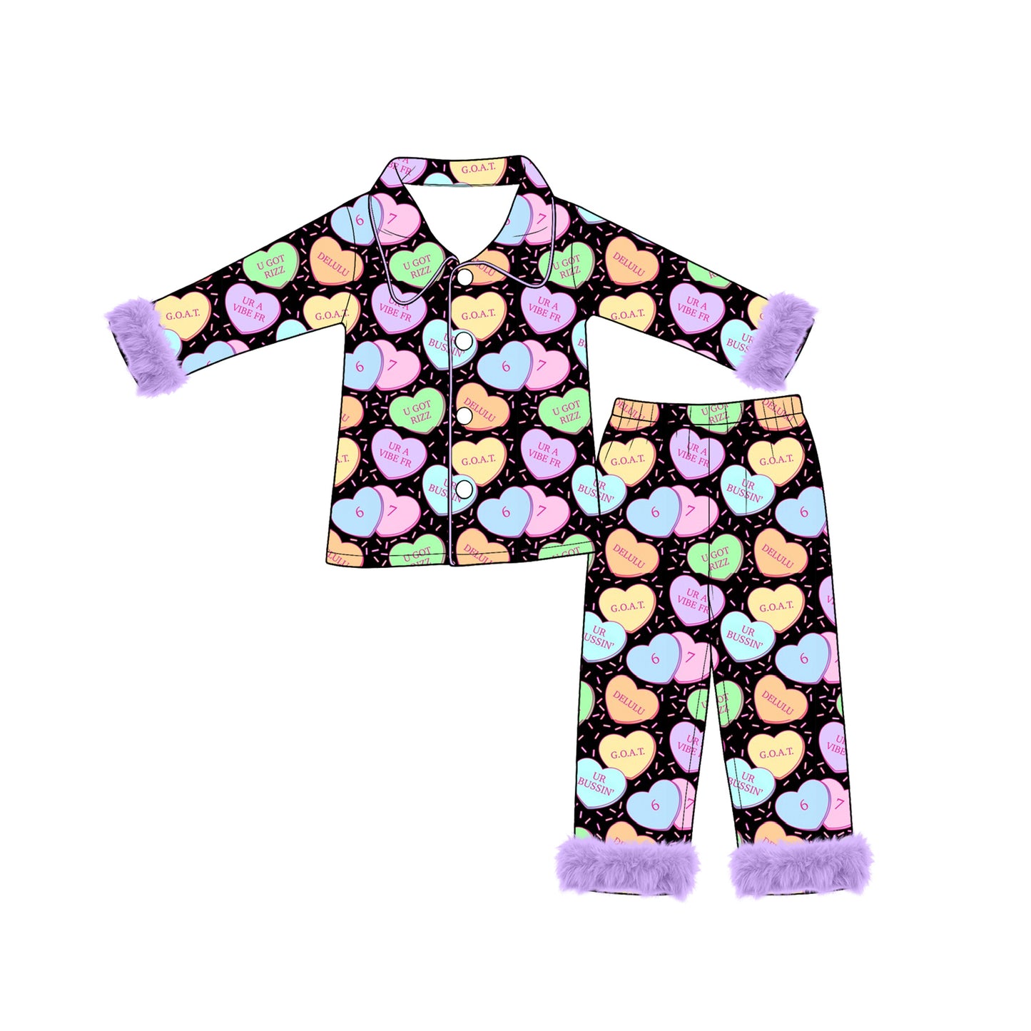 8.4 Preorder Baby Girls Heart Candy Long Sleeve Pajama Set with Fur