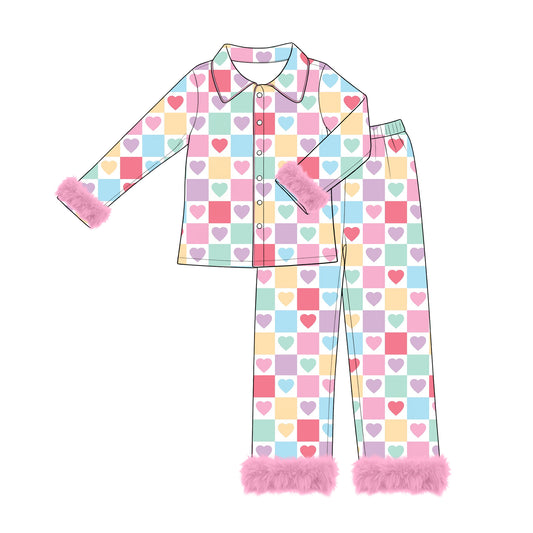8.3  Preorder Women Colorful Checkered Heart Pajama Set with Fur