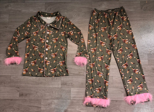 8.7 GLP3628 Preorder Mallard Duck Print Woman Fur Buttons Pajamas Clothes Set