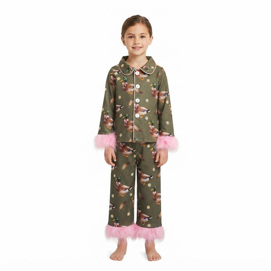 GLP3629 Mallard Duck Print Girls Fur Buttons Pajamas Clothes Set