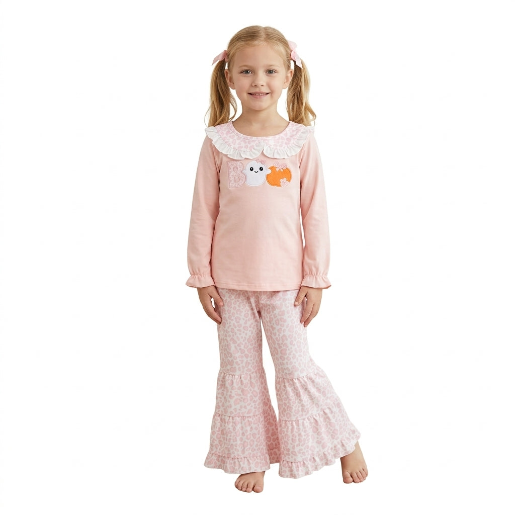 Baby Girls Halloween  Boo Pumpkin Pink Leopard Flare Pants Outfit