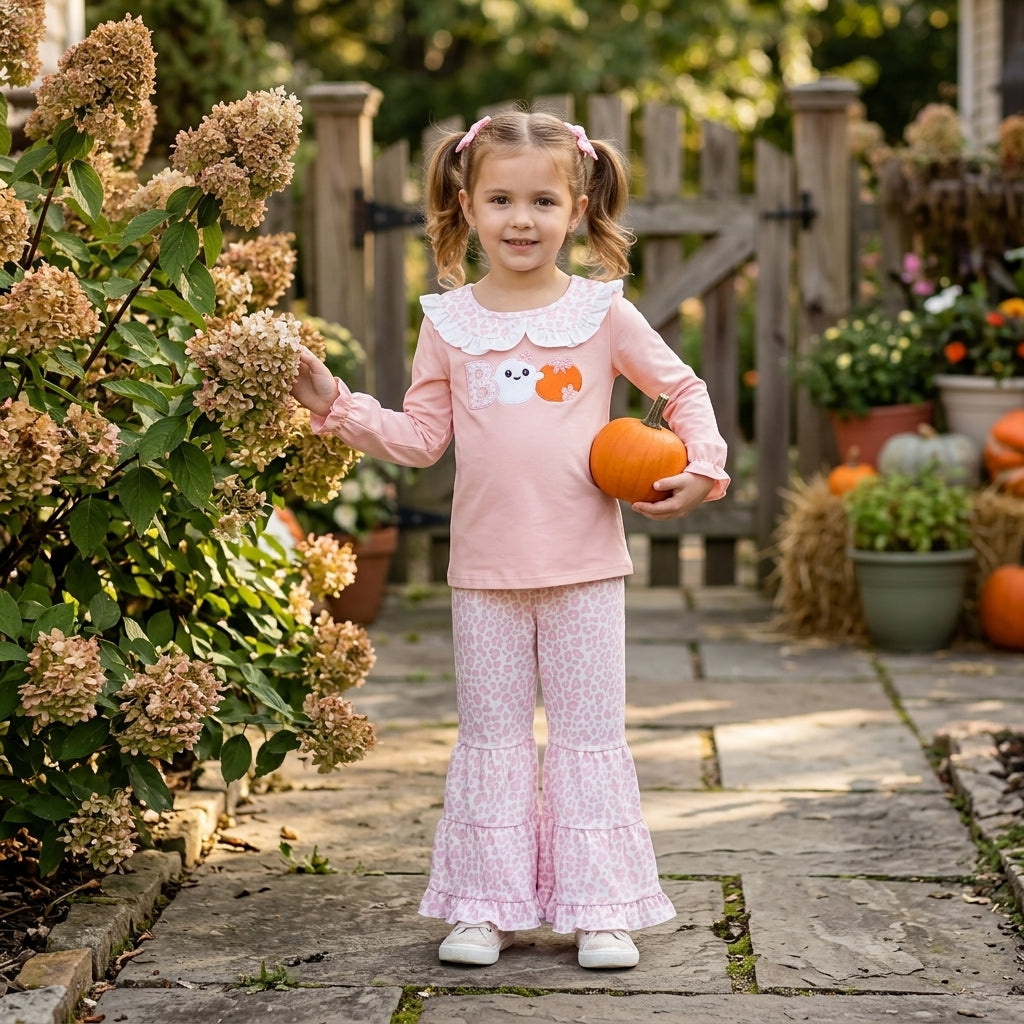 Baby Girls Halloween  Boo Pumpkin Pink Leopard Flare Pants Outfit
