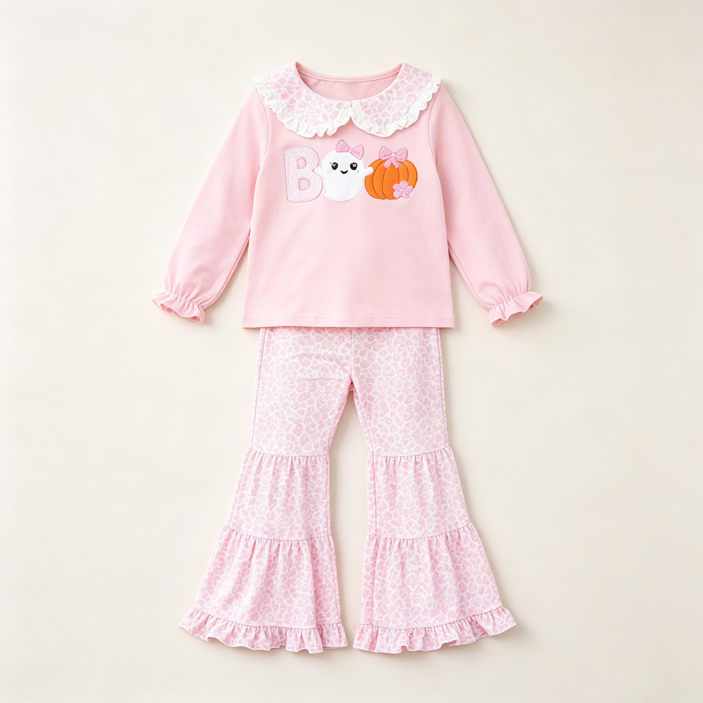 9.5 Preorder Baby Girls Halloween  Boo Pumpkin Pink Leopard Flare Pants Outfit