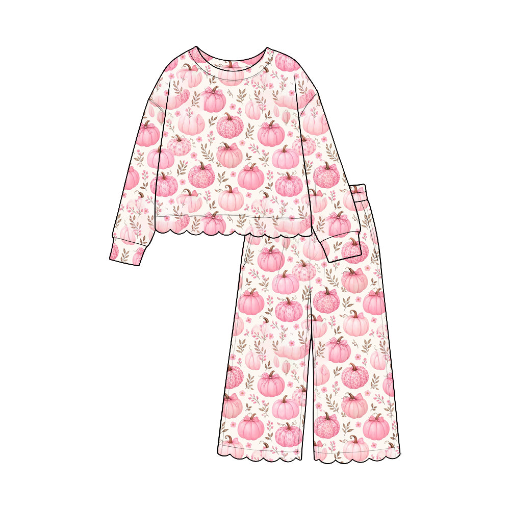 8.6 GLP3631 Preorder Pumpkin Flowers Pink Print Girls Fall Scallop Clothes Set