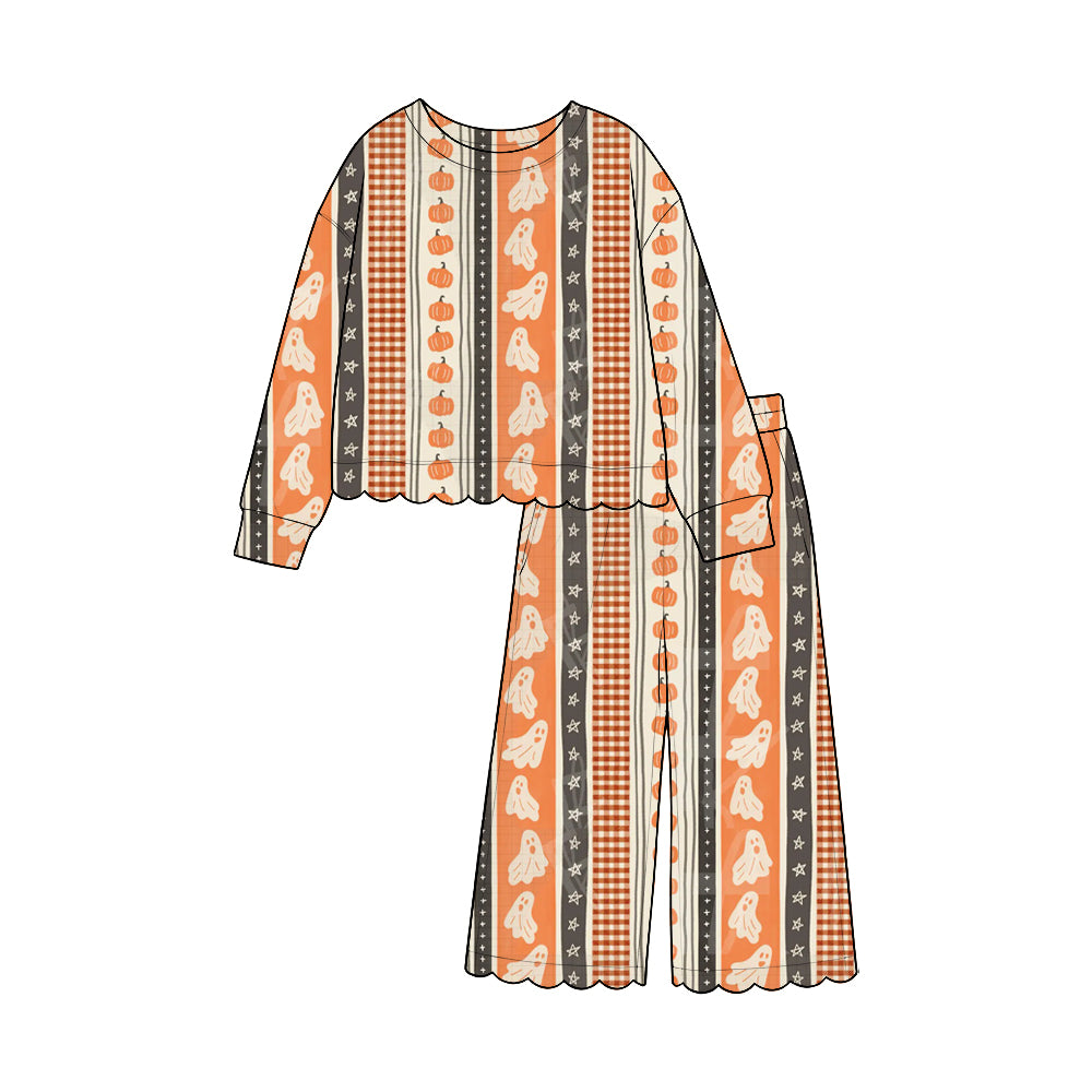 8.6 GLP3632 Preorder Pumpkin Ghost Stars Print Girls Halloween Scallop Clothes Set