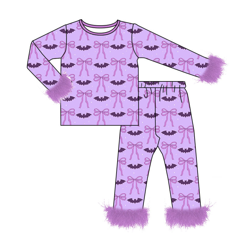 8.6 GLP3633 Preorder Bat Bows Purple Print Girls Halloween Fur Pajamas Clothes Set