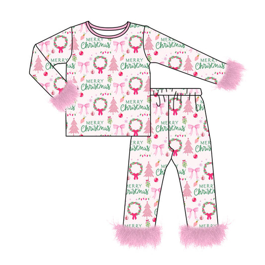 8.6 GLP3635 Preorder Tree Bows Pink Print Girls Christmas Fur Pajamas Clothes Set