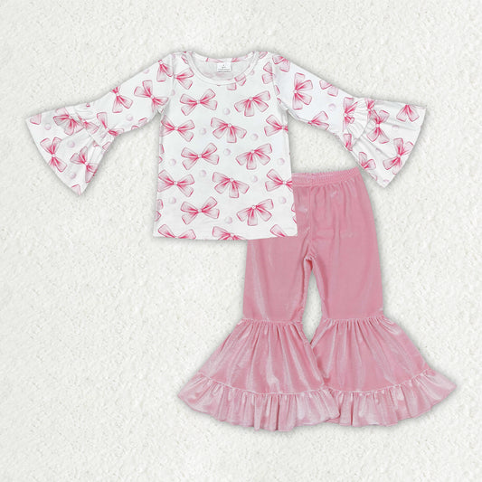 GLP3638 Pink Bows Top Velvet Bell Pants Girls Clothes Set