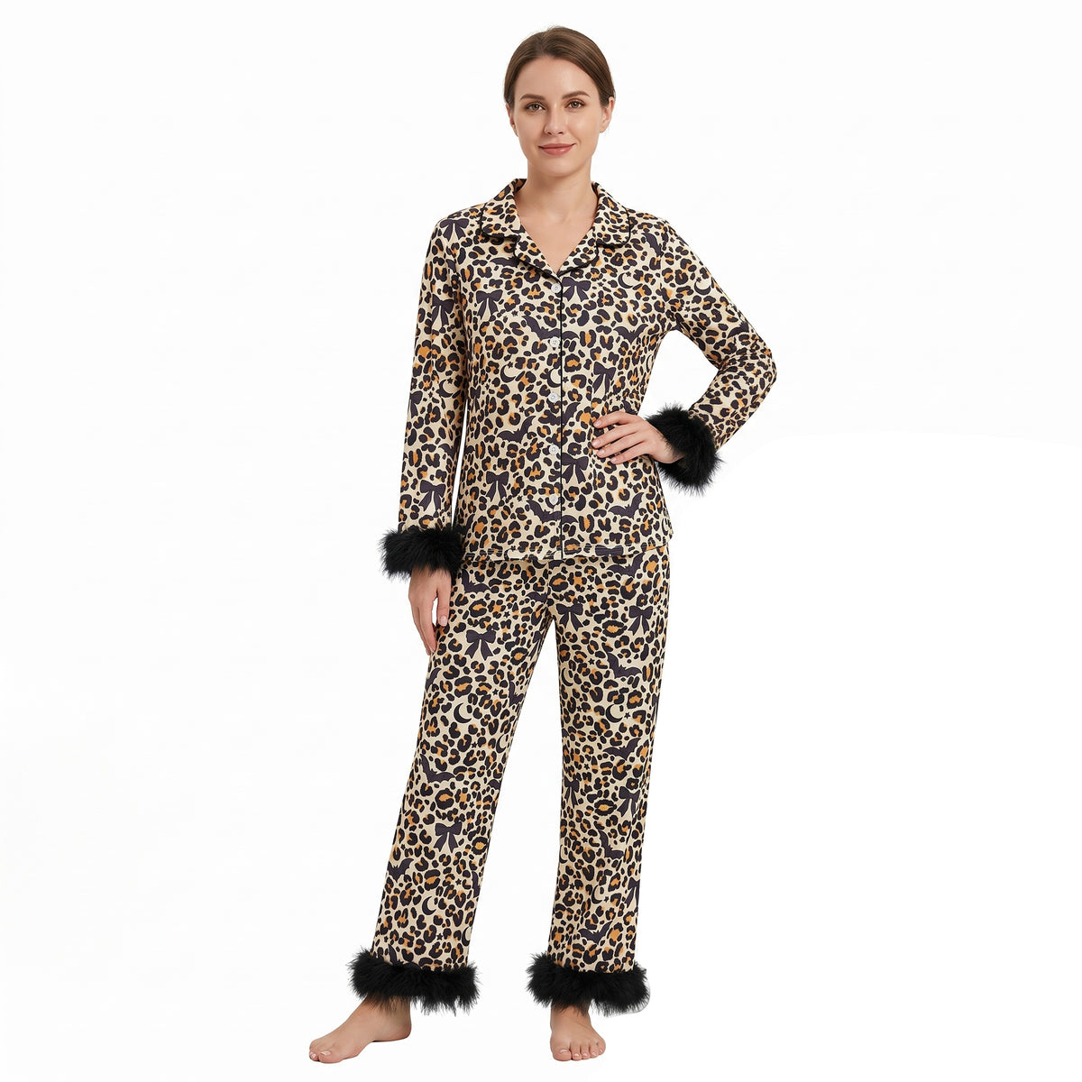 GLP3639 Adult Bat Bows Leopard Print Woman Halloween Fur Buttons Pajamas Clothes Set