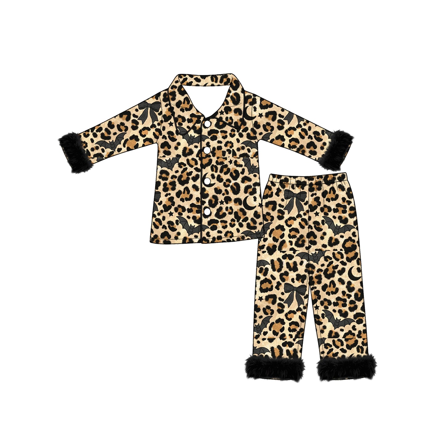 8.7 GLP3640 Preorder Bat Leopard Print Girls Halloween Fur Buttons Pajamas Clothes Set