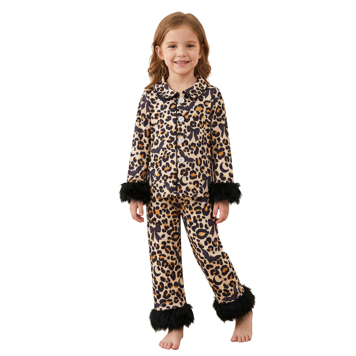 Mommy and Me Halloween Leopard Bats Button Long Sleeve Pajama Set with Fur