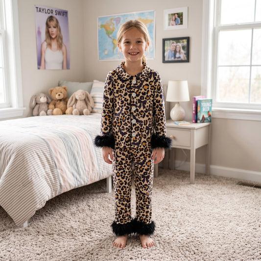 GLP3640 Bat Bows Leopard Print Girls Halloween Fur Buttons Pajamas Clothes Set