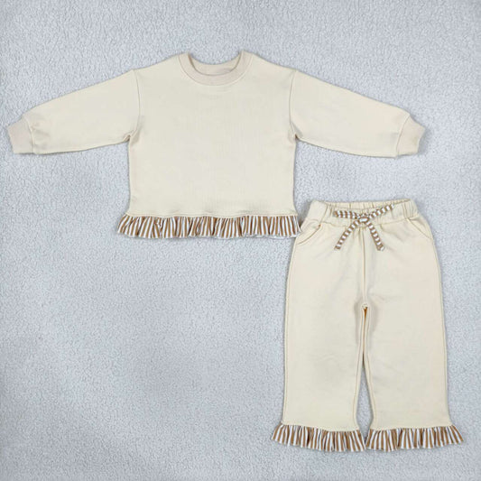 GLP3645 Cream Thick Cotton Sweatshirt Flare Pants Girls Fall Clothes Set
