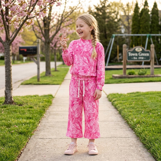 GLP3650 Pink Branch Print Mock Neck Top Pockets Pants Girls Clothes Set