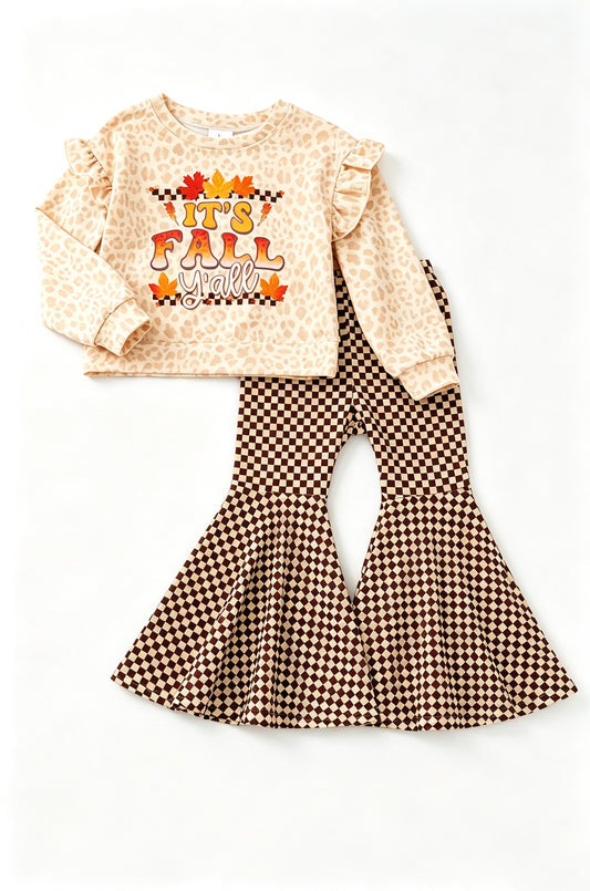 8.8 GLP3652 Preorder It's Fall Y'all Leopard Top Checkered Bell Pants Girls Fall Clothes Set
