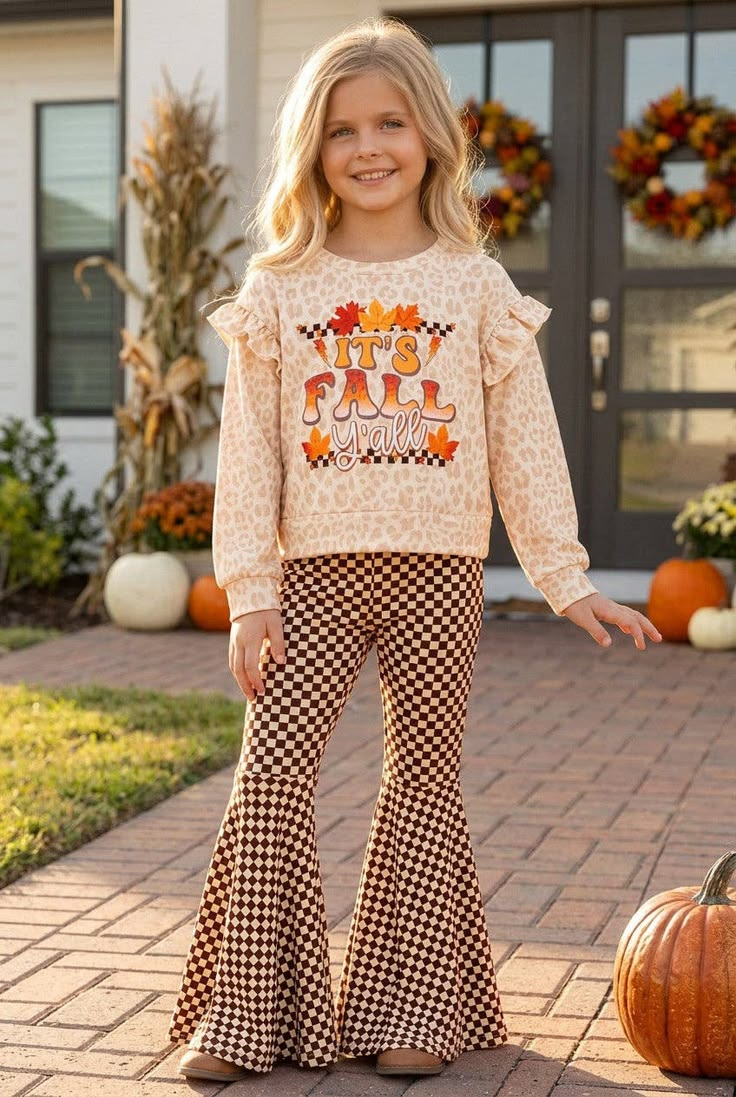 8.8 GLP3652 Preorder It's Fall Y'all Leopard Top Checkered Bell Pants Girls Fall Clothes Set
