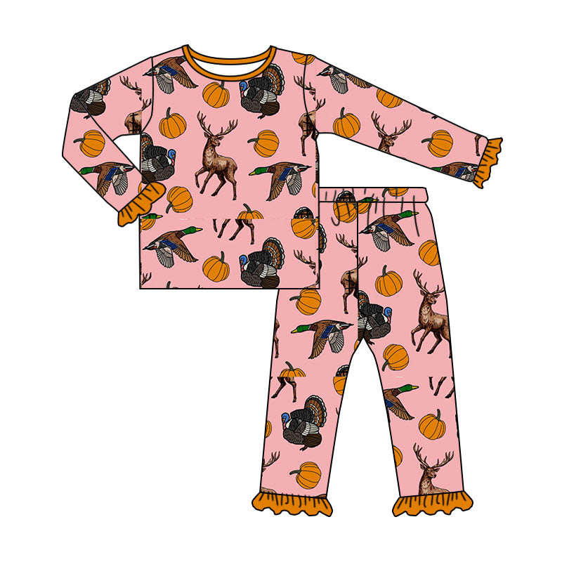 8.8 GLP3655 Preorder Animals Pumpkin Pink Print Girls Fall Pajamas Clothes Set