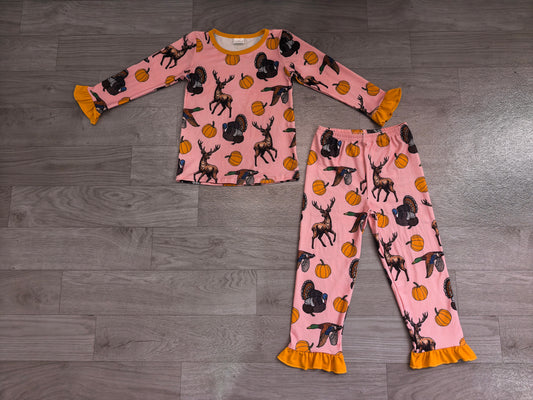 8.8 GLP3655 Preorder Animals Pumpkin Pink Print Girls Fall Pajamas Clothes Set