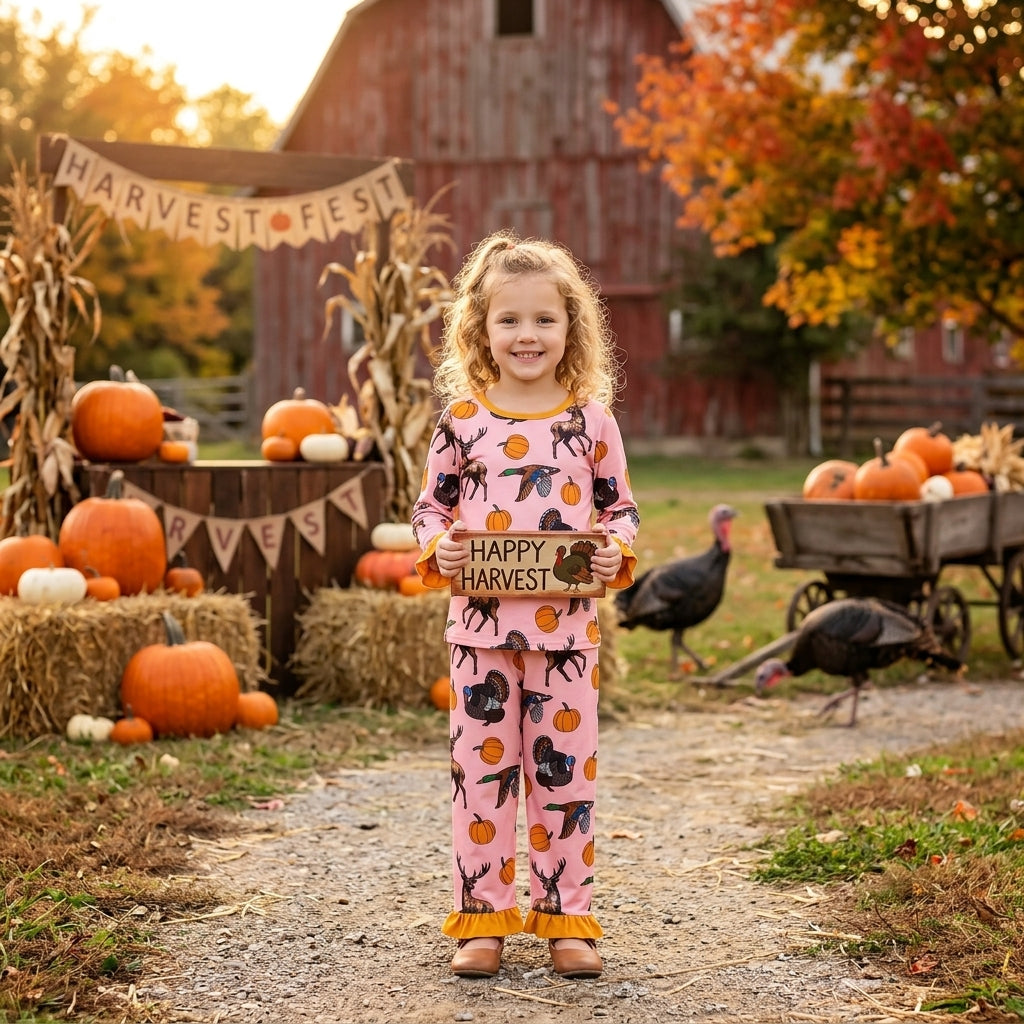 Animals Pumpkin Pink Print Girls Fall Pajamas Clothes Set