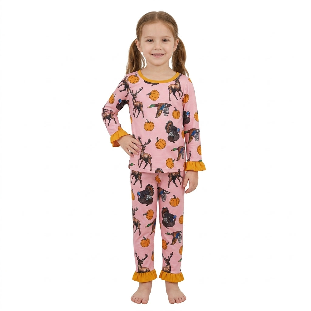 Animals Pumpkin Pink Print Girls Fall Pajamas Clothes Set